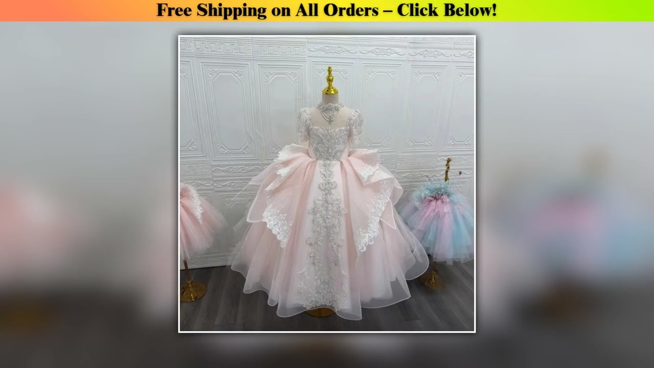 New 2026 Girls Pink Birthday Flower Girl Dress Children Princess Party Gown for Piano Performance