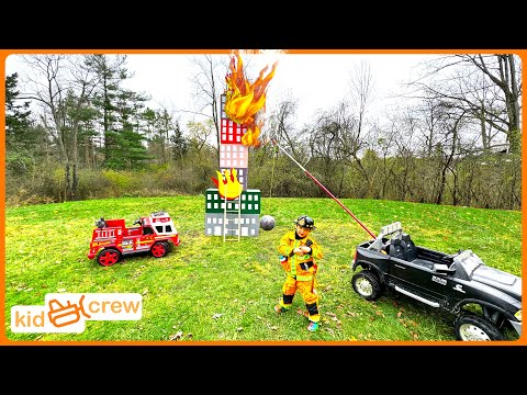 Rescuing pet from fire with kids ride on fire truck, drone & wrecking ball. Educational | Kid Crew