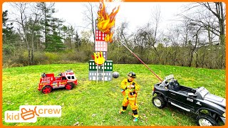 Rescuing pet from fire with kids ride on fire truck, drone & wrecking ball. Educational | Kid Crew