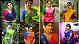 Borderless silk saree with contrast blouse ideas||kanjeevaram silk saree and contrast Blouse design