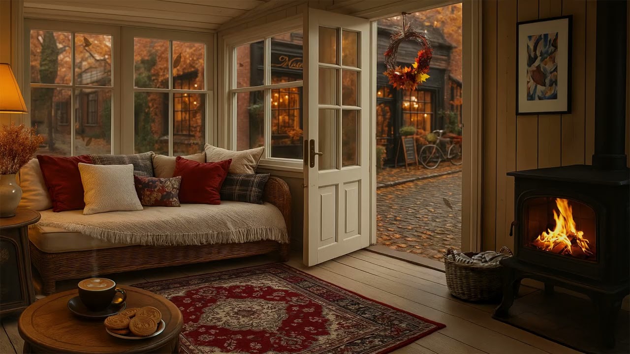 🍂 Cozy Cabin Fireplace Ambience in a Charming Autumn Town | Crackling Fire Sounds for Relaxation