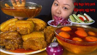 OILY HUGE PIECES OF FATTY PORK BELLY CURRY, OILY SPICY EGG CURRY &  RICE, SALAD MUKBANG | BIG BITES
