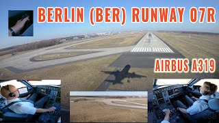 Berlin, BER Airport, Airbus approach and landing runway 07R, cockpit + pilots view, 4 cameras, 4k.