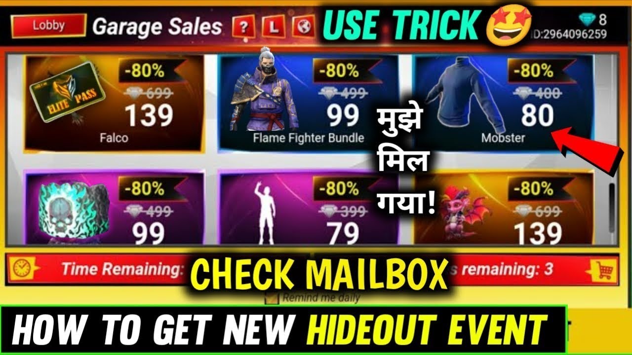 invitation to the hideout event | how to complete garage sell event | hideout event ff | garage sell
