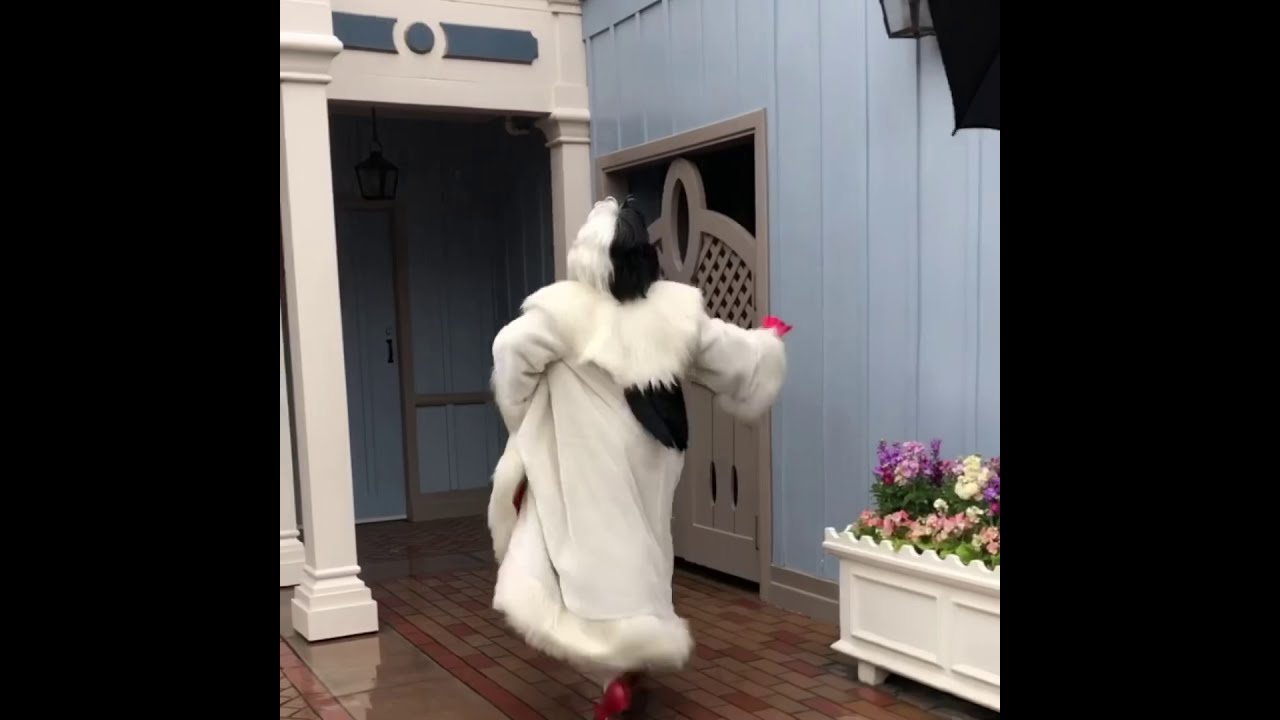 ディズニーランド雨に絶対濡れたくないクルエラとキャストさんのやり取りが面白かった Inアナハイム Cruella Stays Dry And Pretty Youtube