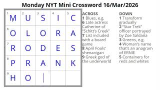 Blues, greens, reds and whites - Mini Crossword - 16 Mar 2026
