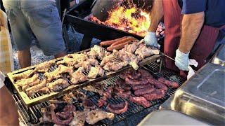 Italy Street Food. Grilled Meat, Pork Legs, Ribs, Sausages, Melted Cheese, Pasta and more