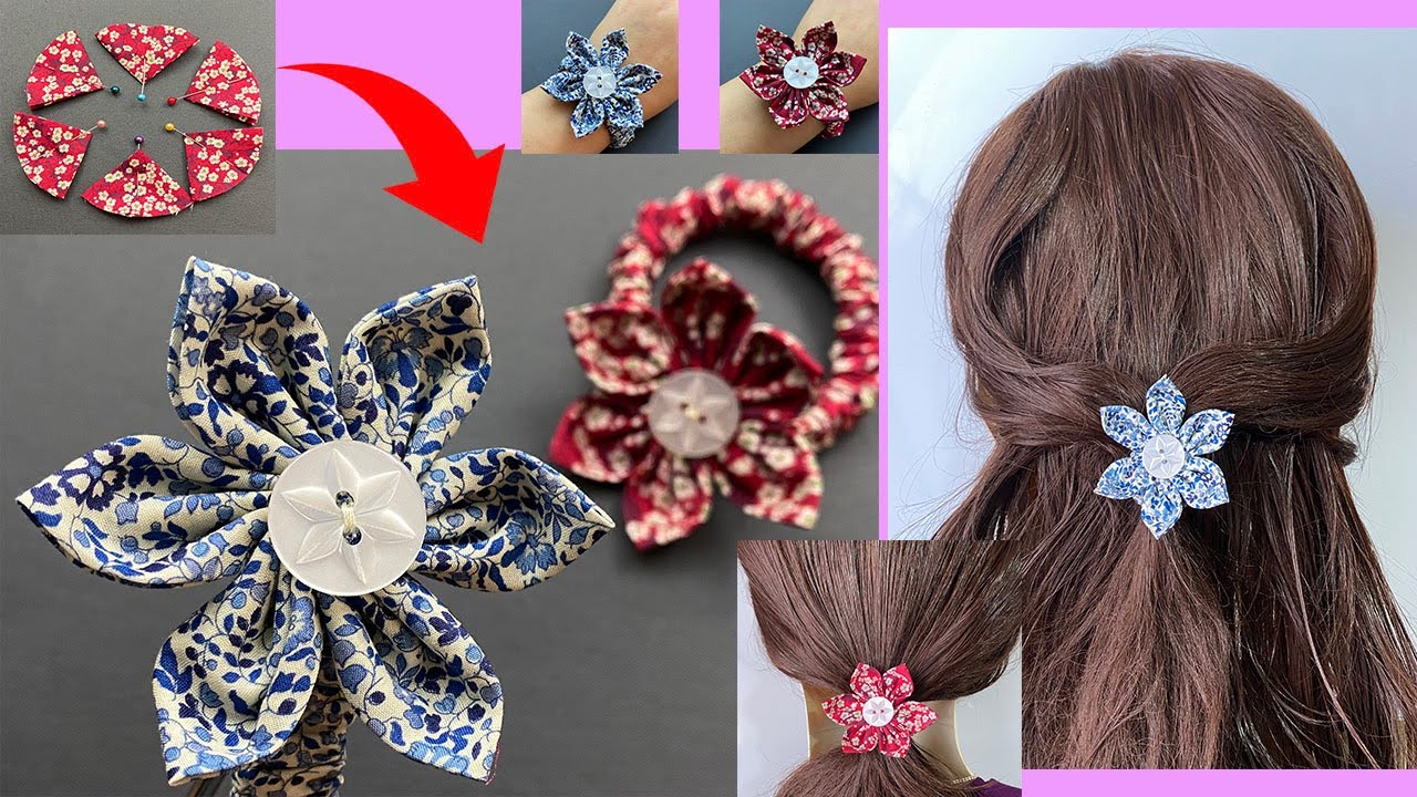 🌹 How to Make Fabric Scrunchie Button Charm Daisy Flower Bracelet /  Hair Tie | Pulseira de flores