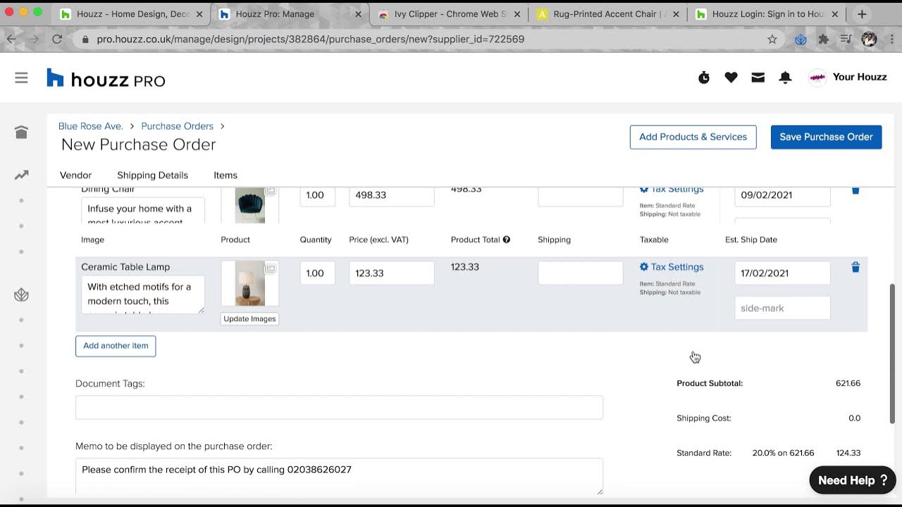 Houzz Pro Creating a Quick Access Purchase Order (Interior Designer