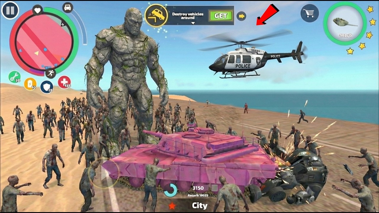 Rope Hero Vice Town (Pink Tank and Zombie Army) Stone Zombie Giant Destroy Iron Tank and Car Robot