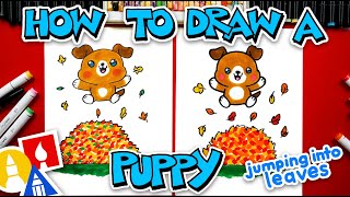how draw cute puppy jumping into leaves