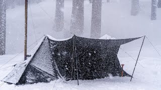 Solo camping in heavy snow | Hot tent and blizzard snow