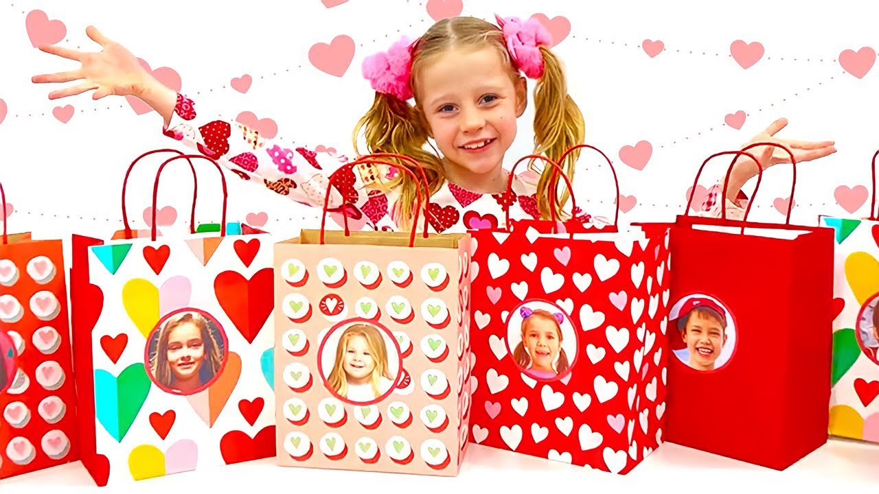 Nastya fait des cadeaux pour des amis le jour de la Saint Valentin