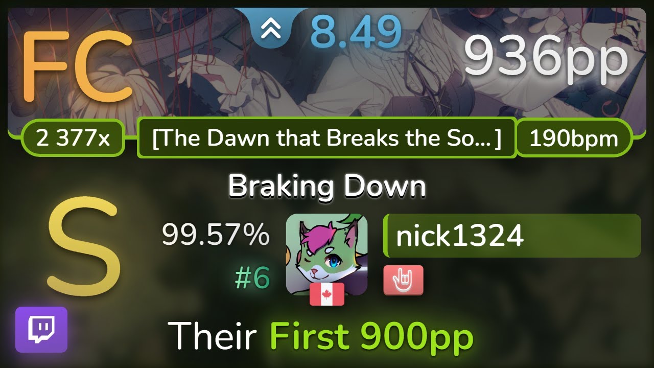 🔴 8.5⭐nick1324 | Pratanallis - Braking Down [The Dawn that Breaks] +HR 99.57% | #6 | 936pp FC - osu!