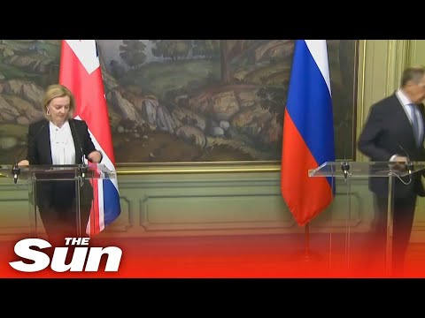 Russia's Sergei Lavrov leaves Liz Truss at the podium in awkward walk off