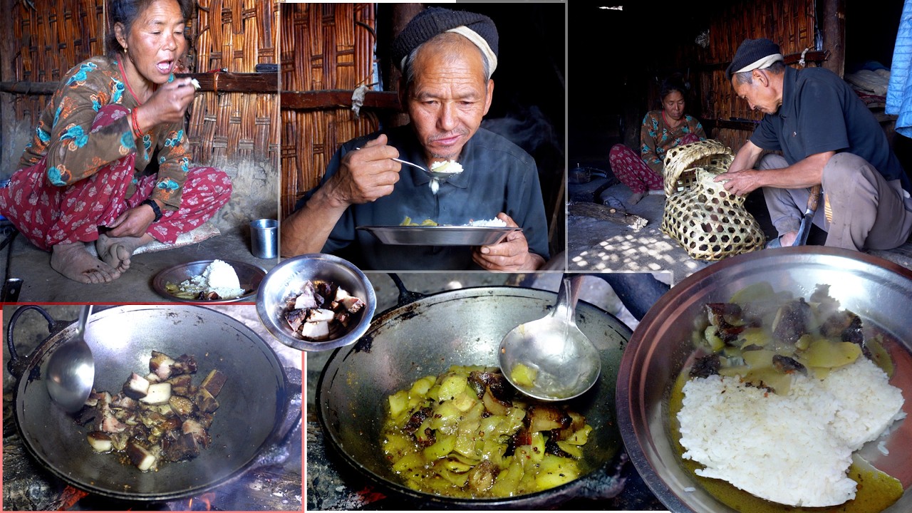 jungle man's wife cooks pork curry rice for the lunch || jungle family @junglefamilycooking