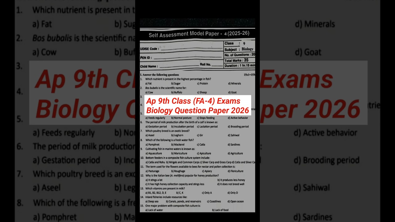 ap 9th class fa4 exams biology question paper 2026