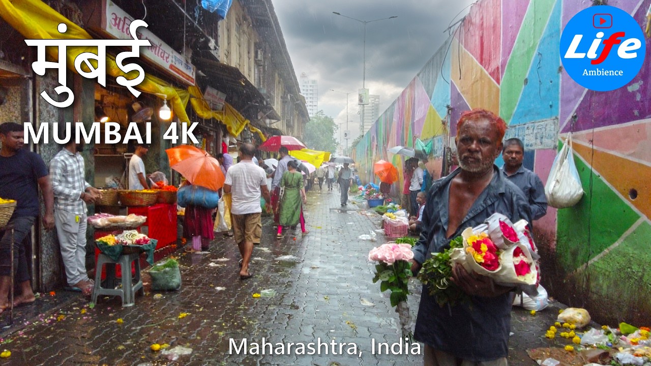 Walking in the Rain at Dadar, Mumbai (मुंबई) -  India walking tour 4K