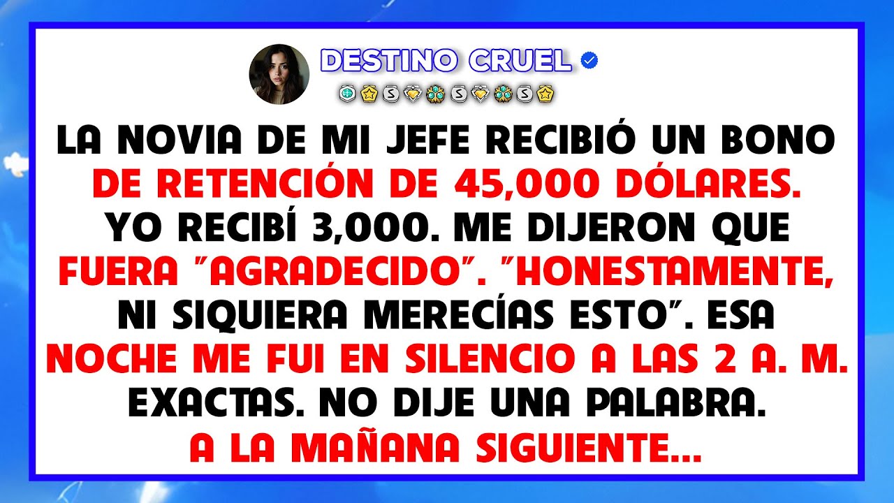 La novia de mi jefe cobró 45k, yo 3k. Me fui a las 3 a. m. y lo lamentaron