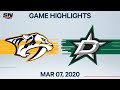 NHL Highlights | Predators vs. Stars - Mar. 07, 2020