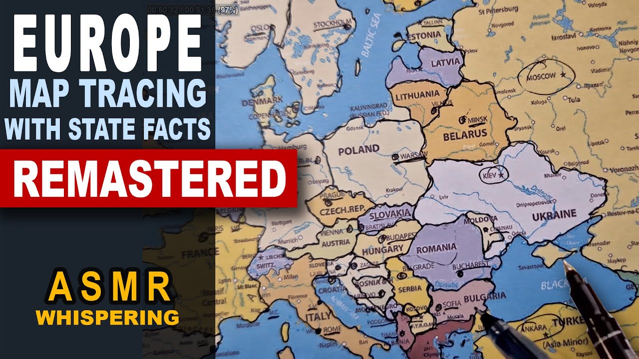 Remastered: ASMR Tracing EUROPE Map Outline With Facts for Each Country (ASMR whispered map tracing)