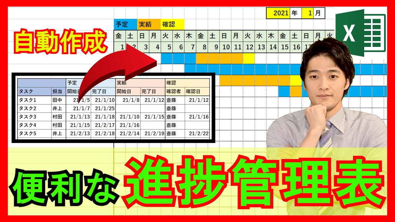 Excel 実践 ガントチャートを自動作成する進捗管理表を作成 タスク管理に使える 解説 Youtube