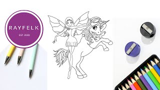 Fairy and Unicorn Coloring Page  | Free Unicorn coloring Pages | Rayfelk Arts and Printables