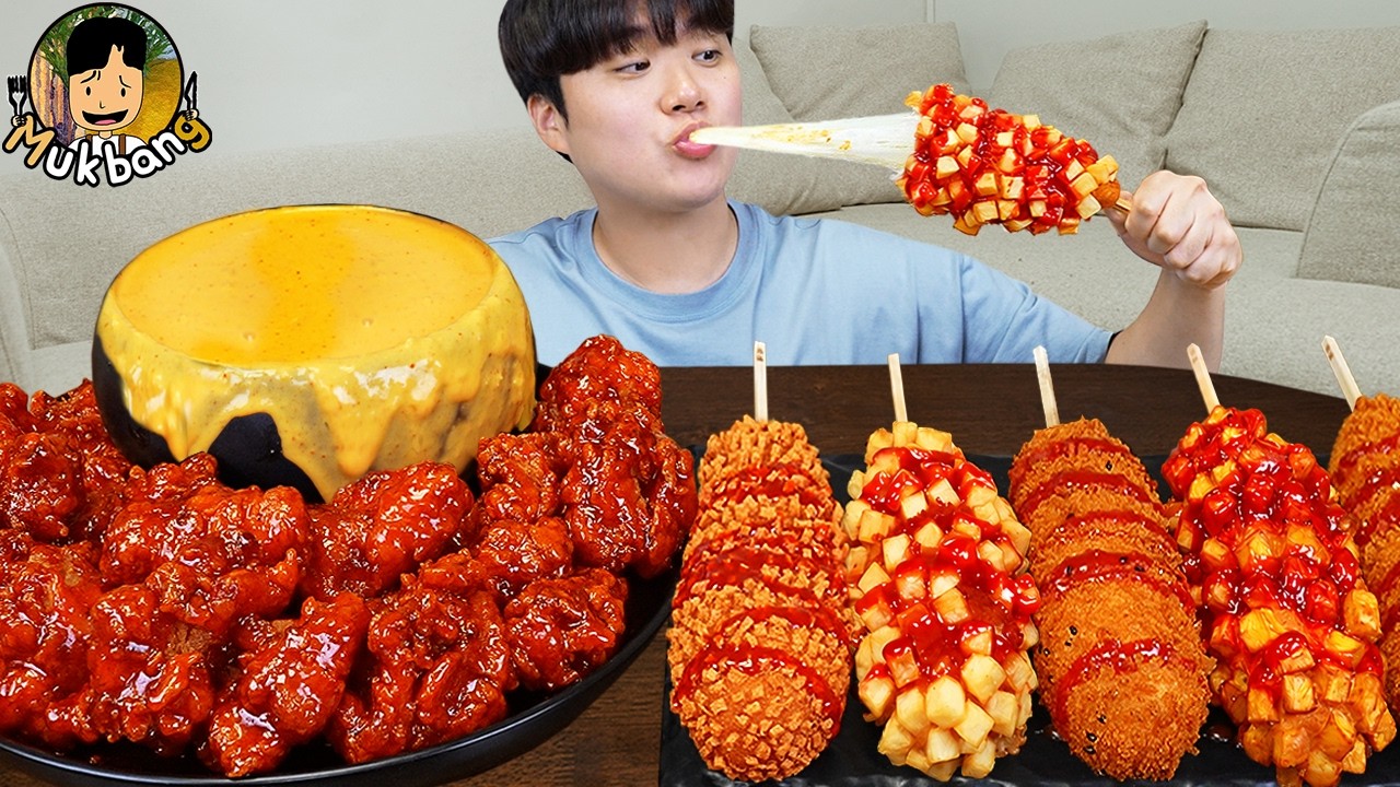ASMR MUKBANG 체다치즈 양념 치킨먹방! 치즈 떡볶이 명랑핫도그 CRISPY FRIED CHICKEN CORN DOG EATING SOUND!