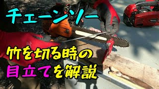 チェーンソーで竹を切る為の目立て方法を解説！丸ヤスリを使った基本的なやり方です。