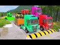 Double flatbed trailer truck vs speedbumps train vs cars  tractor vs train beamngdrive 076