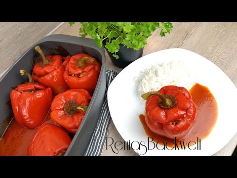 Gefüllte Paprika Rezept | Hackfleisch Füllung mit Käse überbacken | Backofen. 