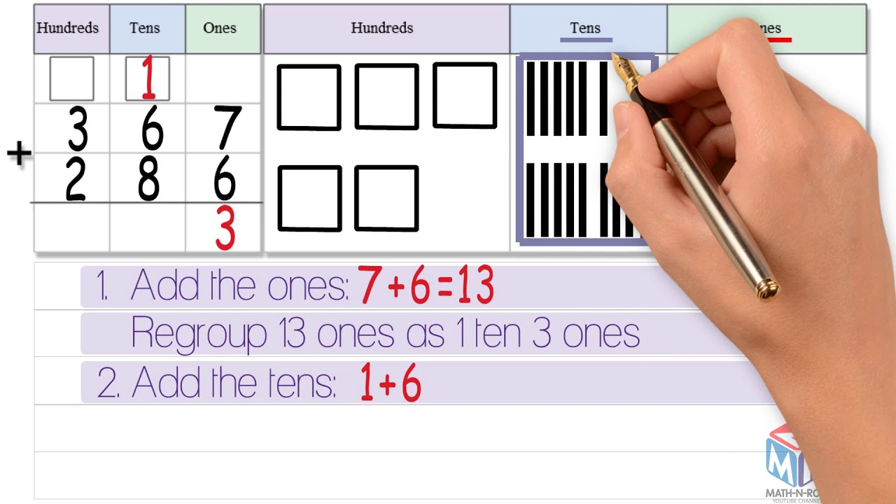 3-digit addition: regroup ones and tens. Grade 2 - YouTube