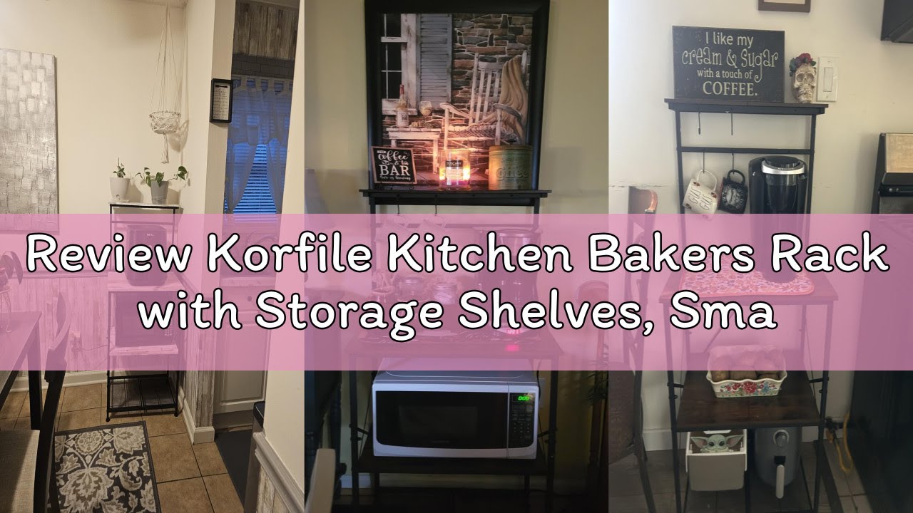 Review Korfile Kitchen Bakers Rack with Storage Shelves, Small Coffee Bar Cart with 8 Hooks, 4 Tiers