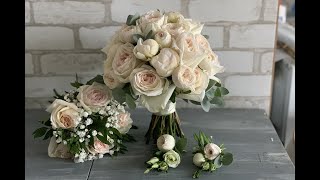 Букет невесты из пионов и пионовидных роз с веточками эвкалипта