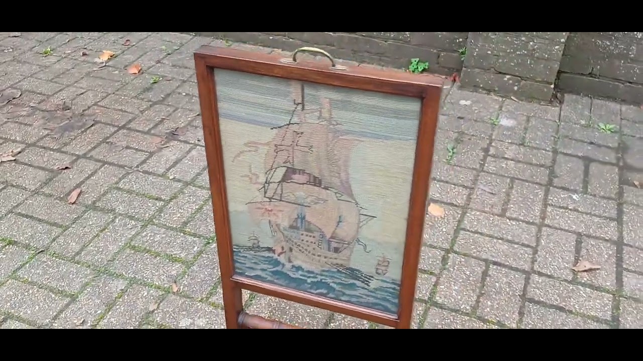 Stunning Top Quality Mahogany Glazed Fire Screen with Galleon Tapestry Unusually Thin