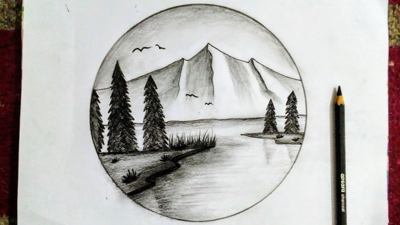 how to draw mountain circle scenery easy step by step/Easy circle ...