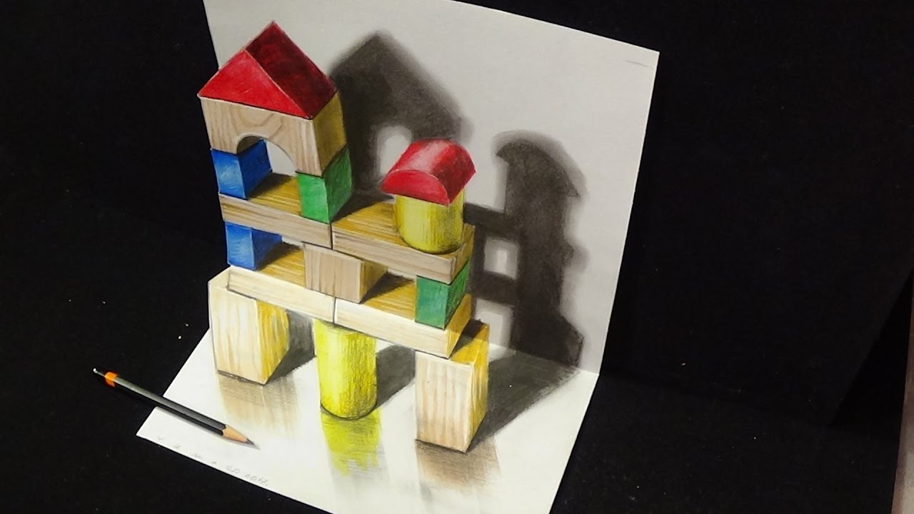 ⁣How to Draw Wooden Building Toy - Drawing 3D Trick Art for Kids - By Vamos