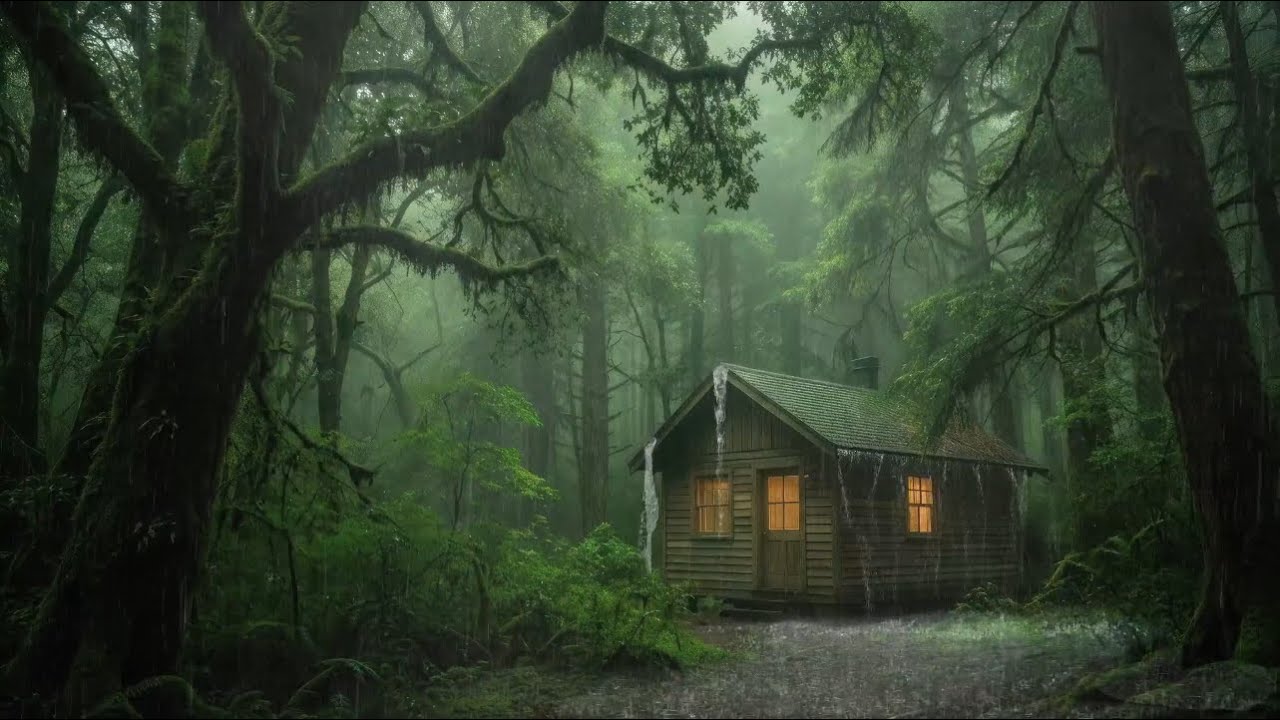 Heavy Rain Sounds at Cozy Cabin in the Misty Forest for Deep Sleep (3 Hours, No Music)