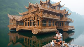 A Young Man Builds Movable Bamboo House On Water Alone,With Only Puppies To Accompany Him#houseboat