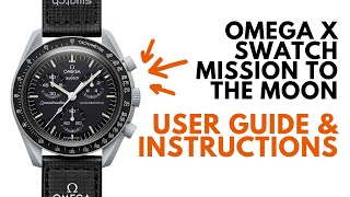 دليل مستخدم Swatch Omega Moonwatch والتعليمات | استخدام وإعادة ضبط الكرونوغراف ، ضبط الوقت ، عداد السرعة