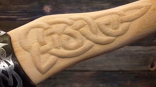 How to make a simple carving on an ax handle.  Carving handle of a Viking Axe