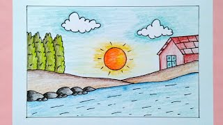 Cara Menggambar Rumah ditepi Sungai - How To Draw Scenery