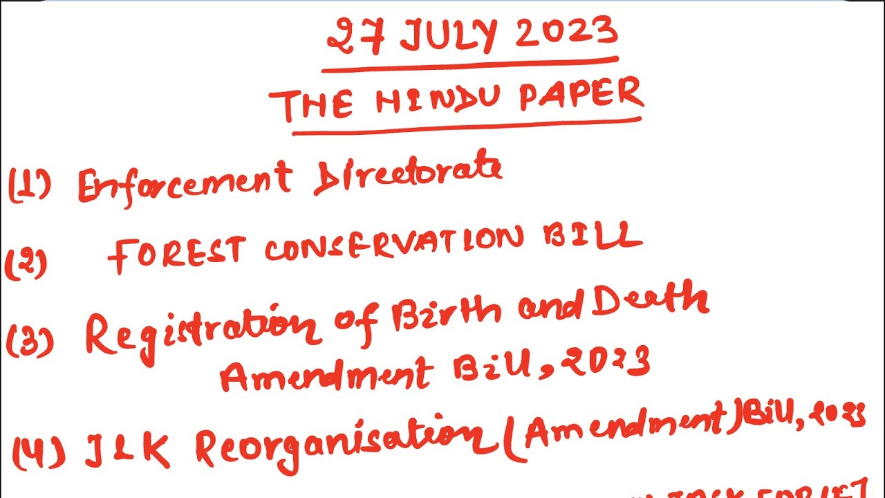 The Hindu newspaper analysis by Adv Sumit | 27 July 2023 | ED | BILL ...