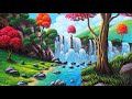 Waterfalls in the mountains  autumn nature drawing painting