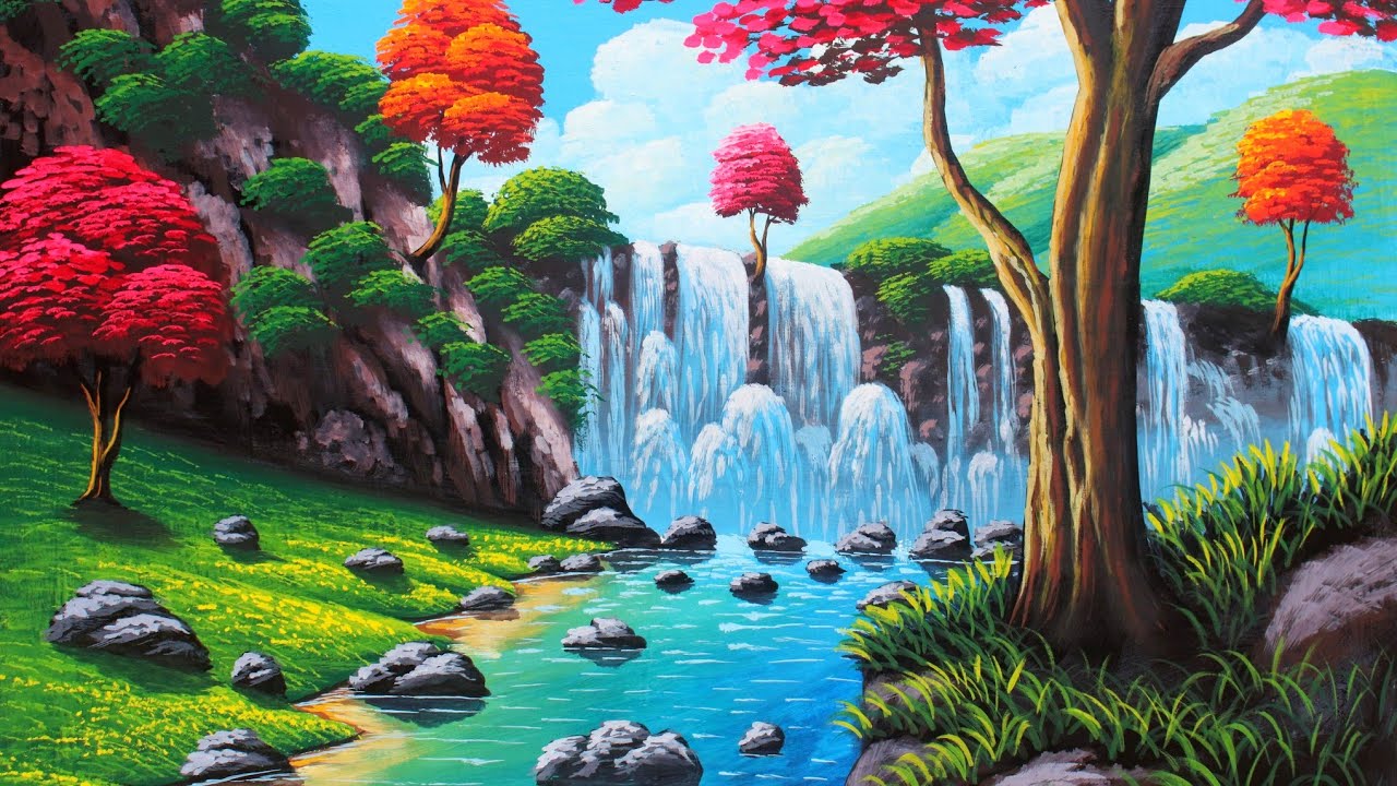 Waterfalls in the mountains | autumn nature drawing painting - YouTube