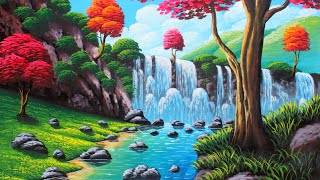 Waterfalls in the mountains | autumn nature drawing painting