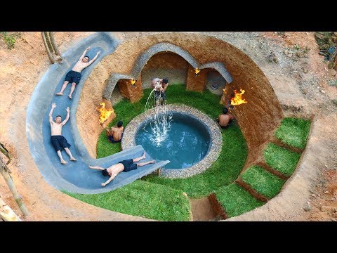 Building Water Slide Swimming Pool Around Secret Underground Village