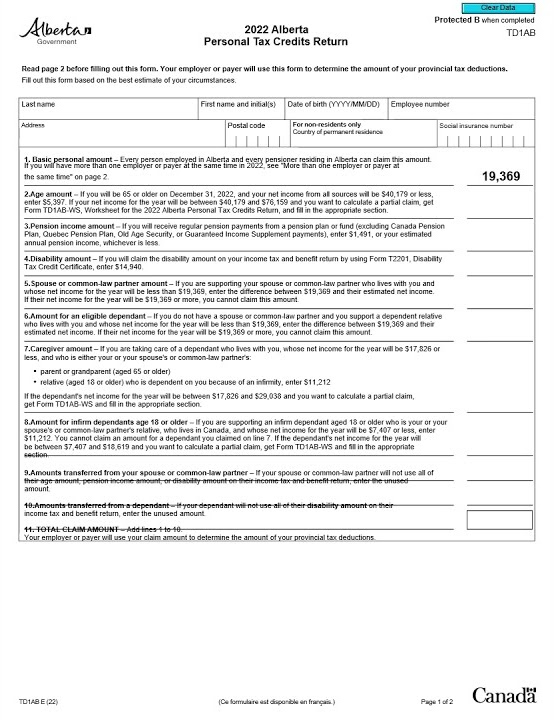 2022 Alberta Personal Tax Credits Return TD1AB YouTube