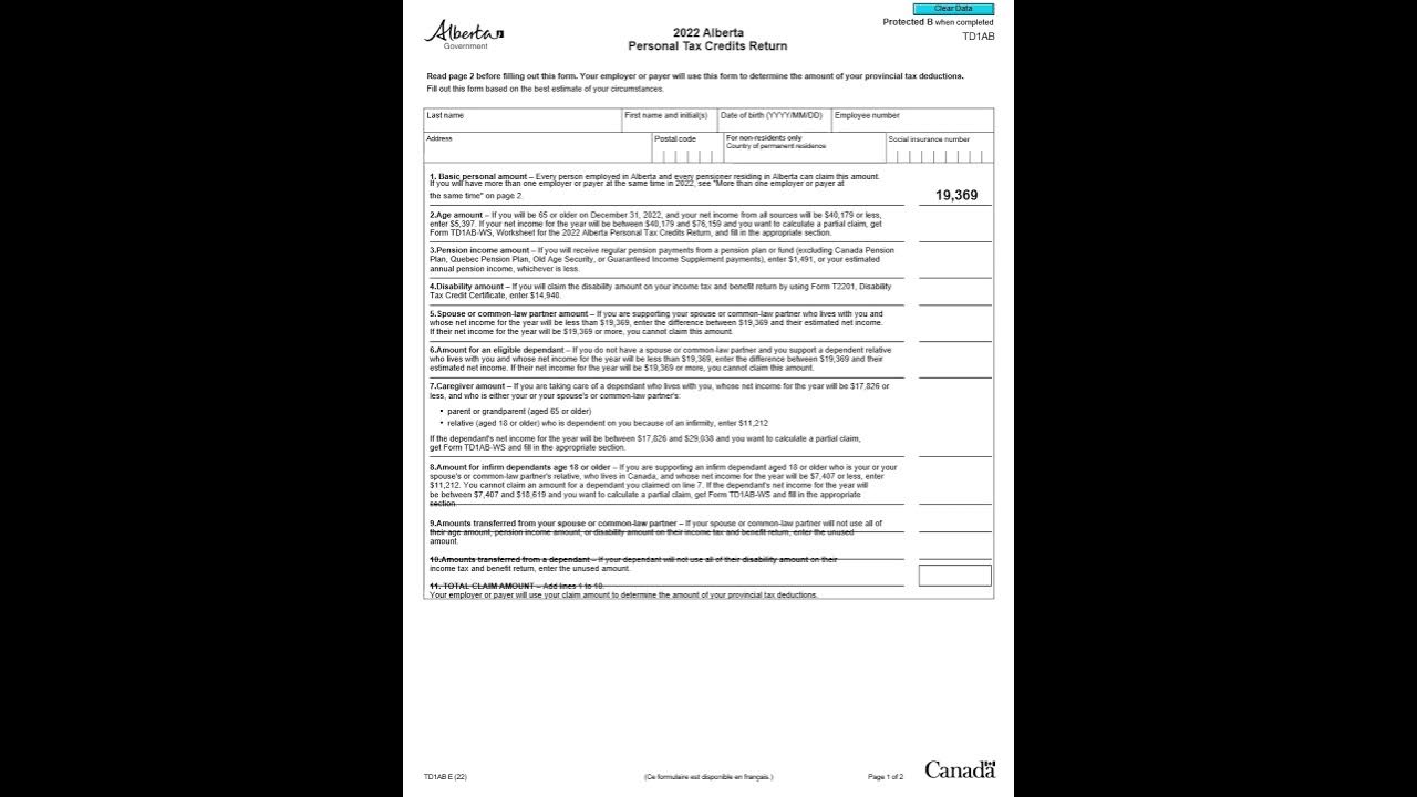 2022 Alberta Personal Tax Credits Return TD1AB YouTube
