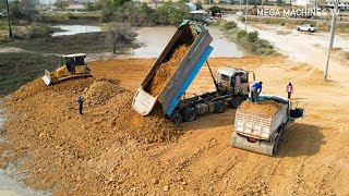 Amazing KOMATSU DR51PX bulldozer to fill the stone into water and 25.5 ton & 5 ton trucks